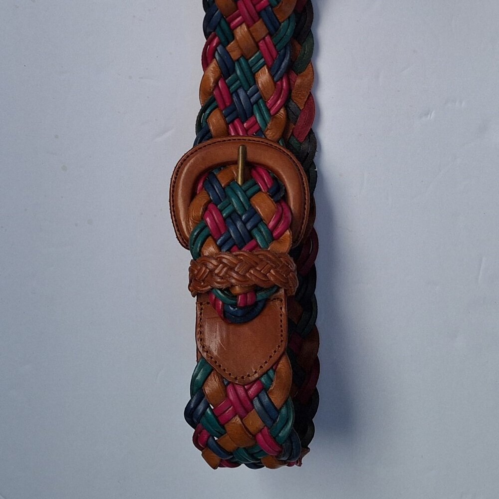 Wide Woven Multi-Color Leather Belt - 2" Wide / Teal MAUVE Blue GREEN / 42" Long